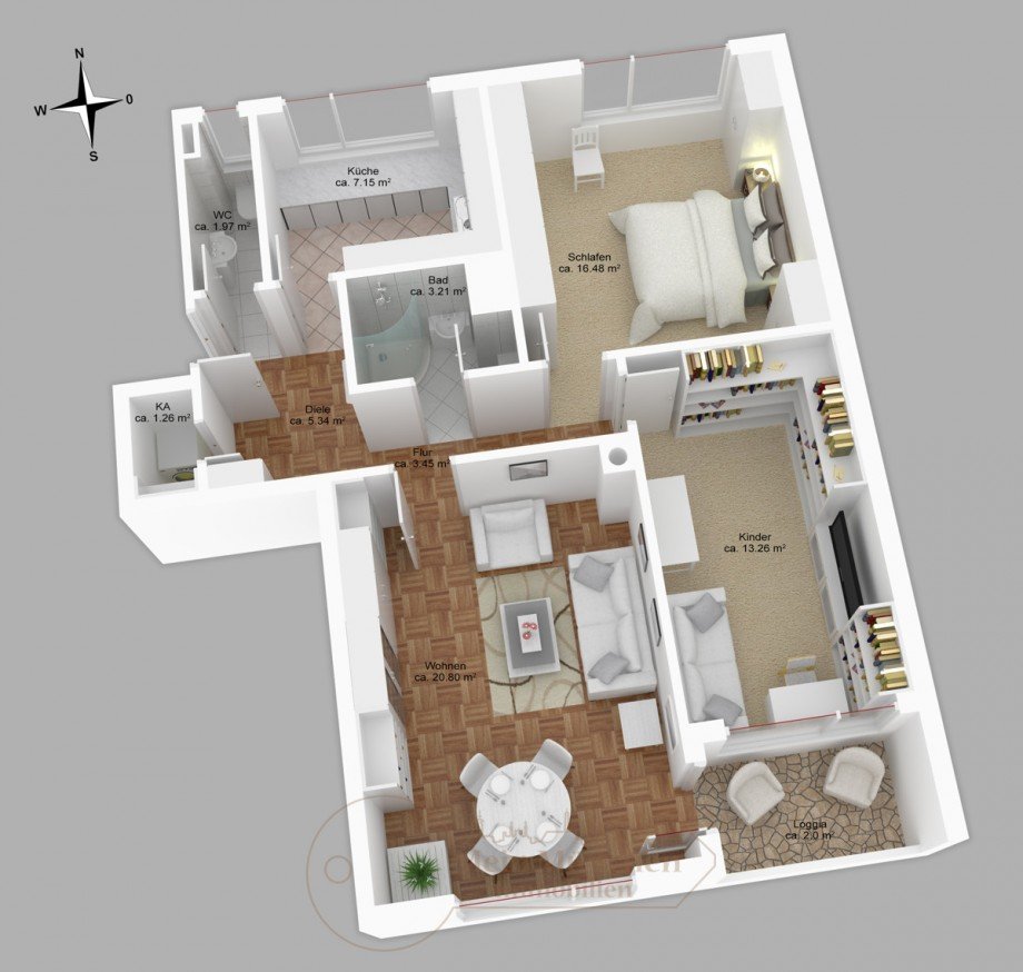 M�blierter Grundriss Etagenwohnung M�nchen